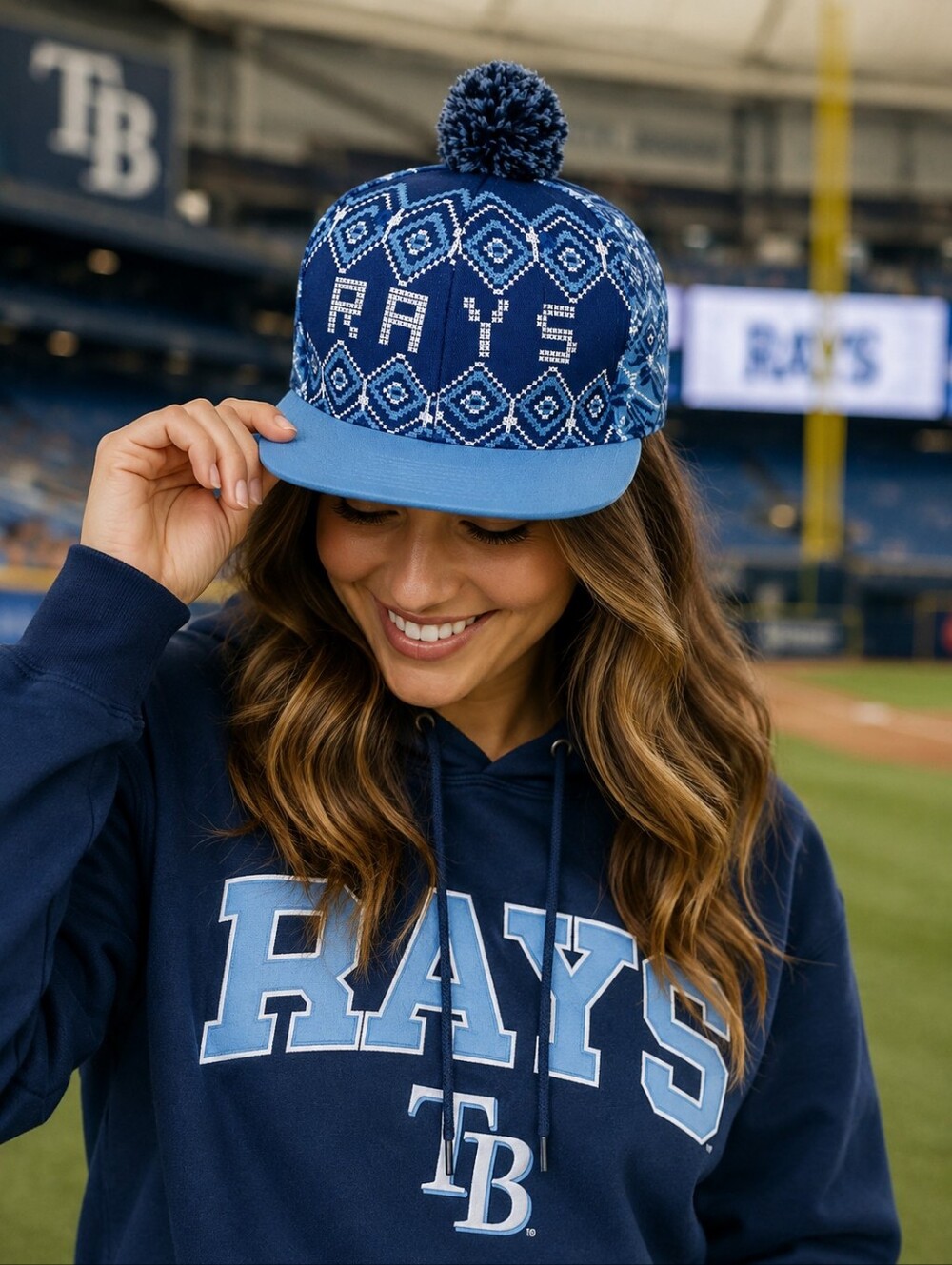 Tampa Bay Rays Winter Knit Print Snapback Hat with Pom Pom